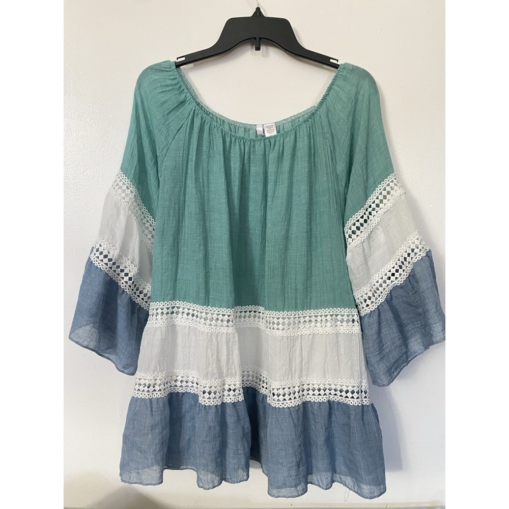 Kaktus Off Shoulder Peasant Top Womens XL Lace Color Block Flounce Gauze Beachy